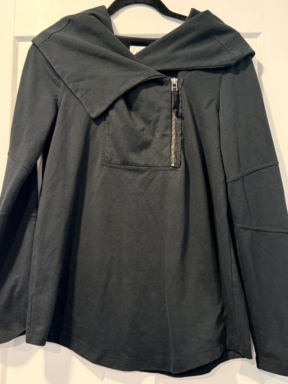 LOFT Long-Sleeve Zip-Front Black Knit Blouse w/ Foldover Collar
